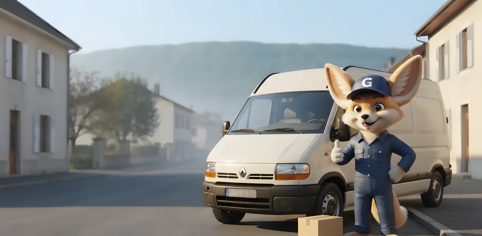 Illustration : une mascotte fennec en bleu de travail lève le pouce devant un fourgon garé dans une rue calme, un carton à ses pieds.