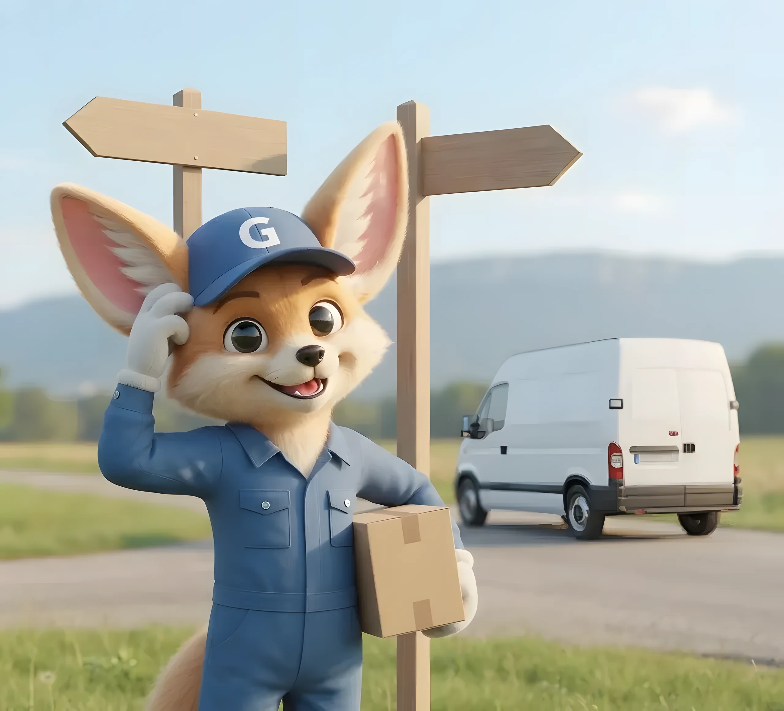Illustration : une mascotte fennec, un carton sous le bras, cherche son chemin devant des panneaux indicateurs vierges.