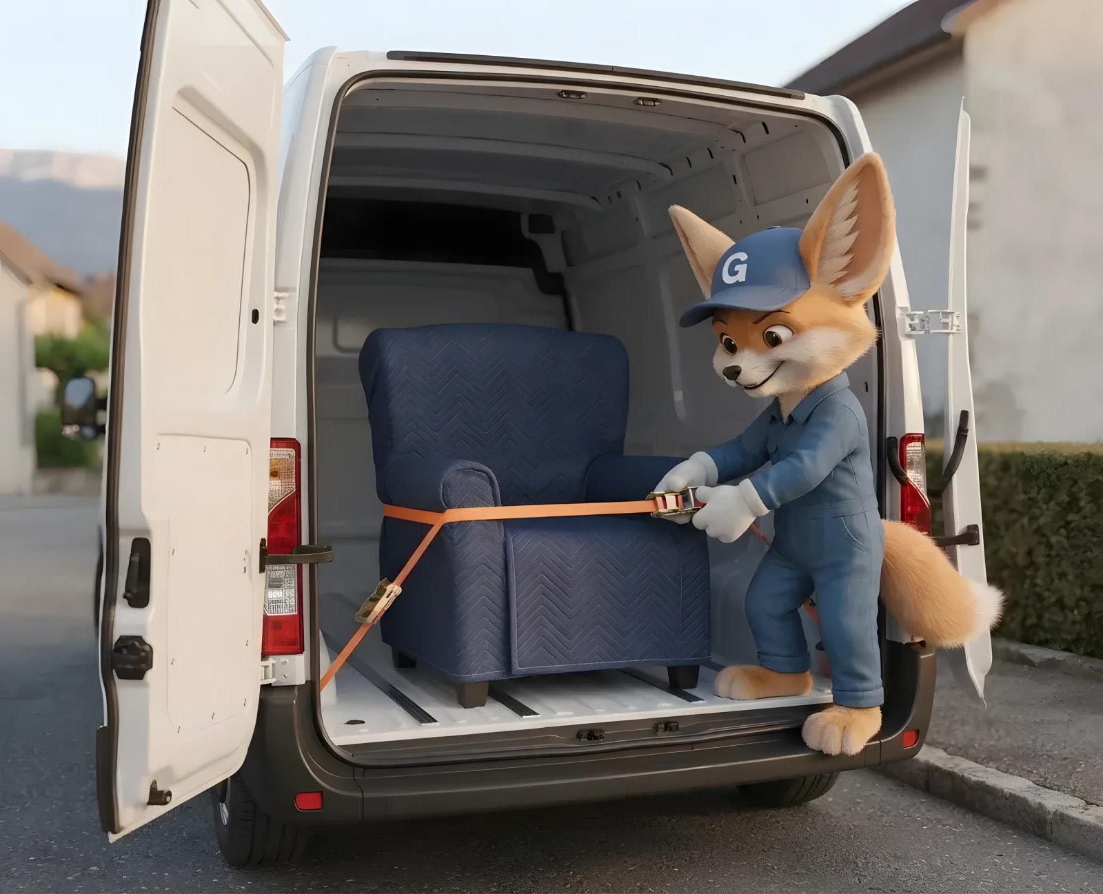 Illustration : une mascotte fennec serre une sangle orange autour d'un fauteuil protégé par une couverture, à l'arrière d'un fourgon.