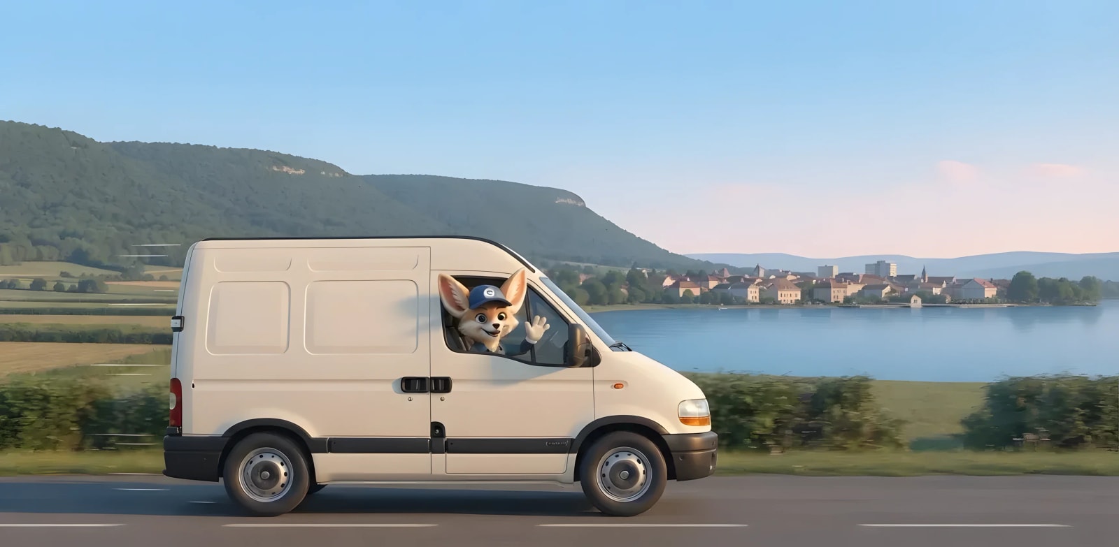 Illustration : un fourgon roule sur une route de campagne, au bord d'un lac, avec une mascotte fennec qui salue de la main par la fenêtre.